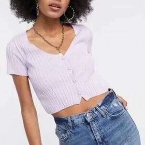 Collusion Pastel Lilac Rib Knit Button Up Cropped Short Sleeve Knit Cardigan Top